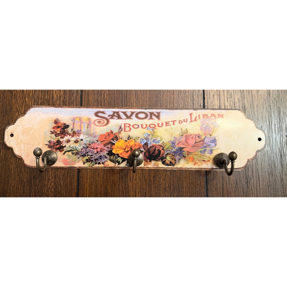 Vintage French Floral Savon Bouquet du Liban 3-Hook Wall Rack Key Holder